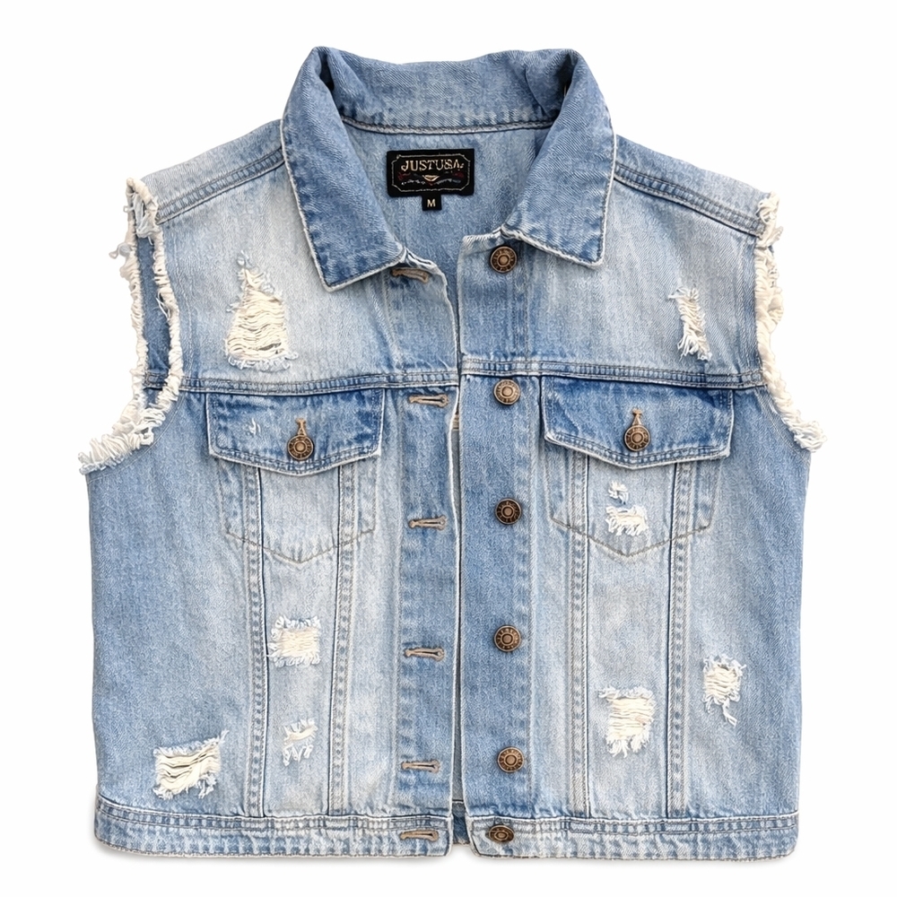 Just Usa Nwot Distressed 90's Style Light Wash Denim Vest